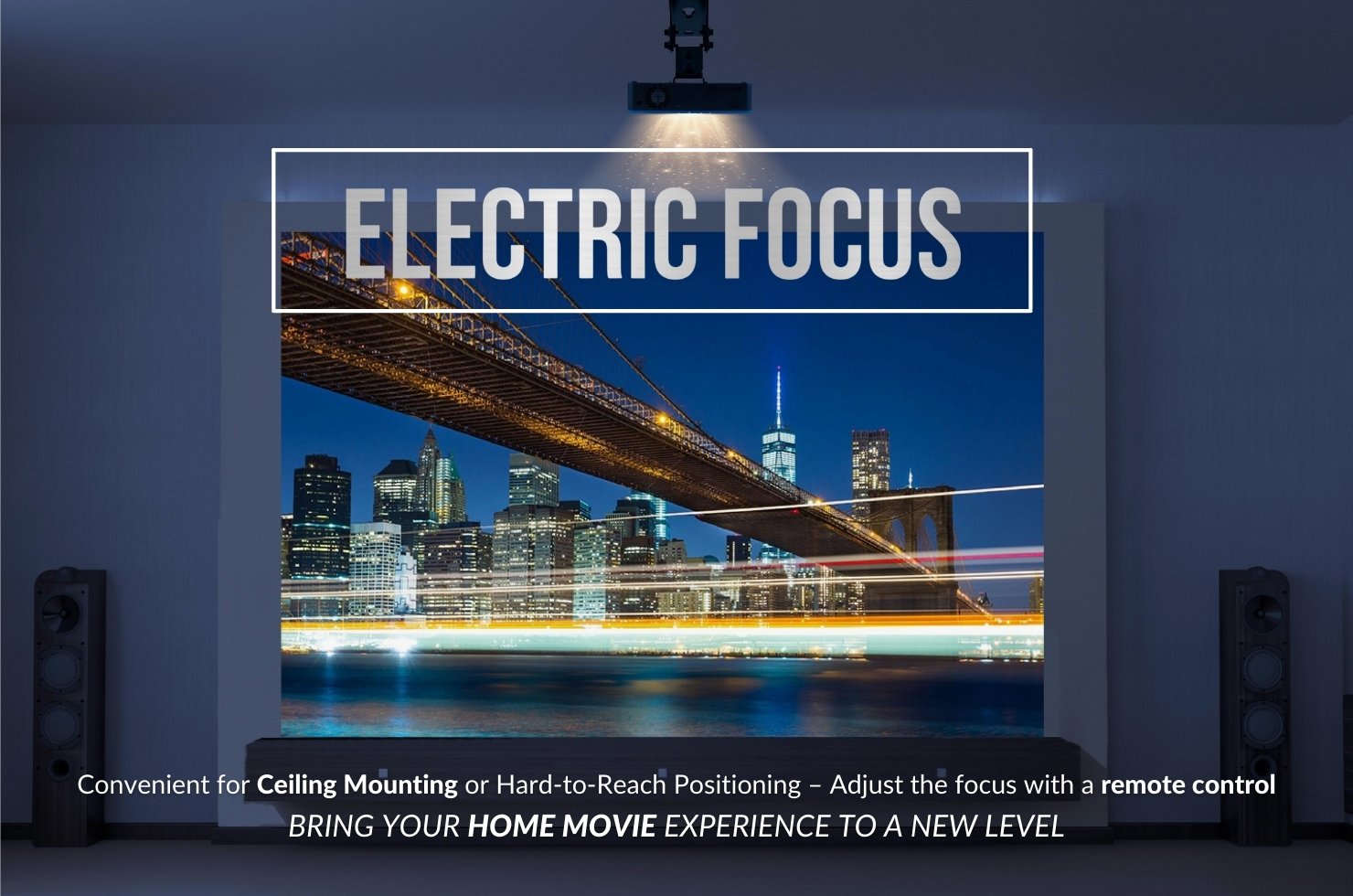 Electric Focus - Shows M7 Ceiling mounted projecting in the living room a picture of Brooklyn Bridge